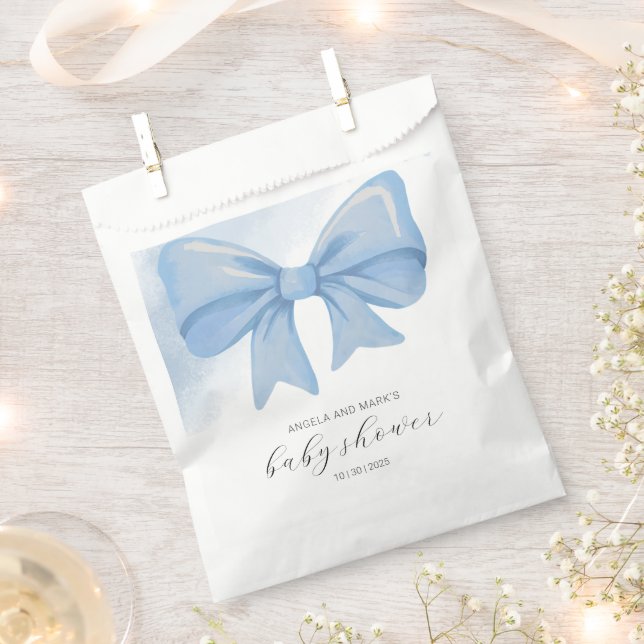 Dusty Blue Watercolor Bow Baby Shower Favour Bags (Clipped)