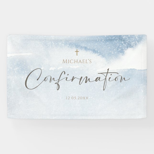 Dusty Blue Watercolor Boy Confirmation Banner (Horizontal)