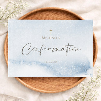 Dusty Blue Watercolor Boy Confirmation Guest Book