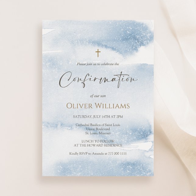 Dusty Blue Watercolor Boy Confirmation Invitation (Dusty Blue Watercolor Boy Confirmation Invitation)