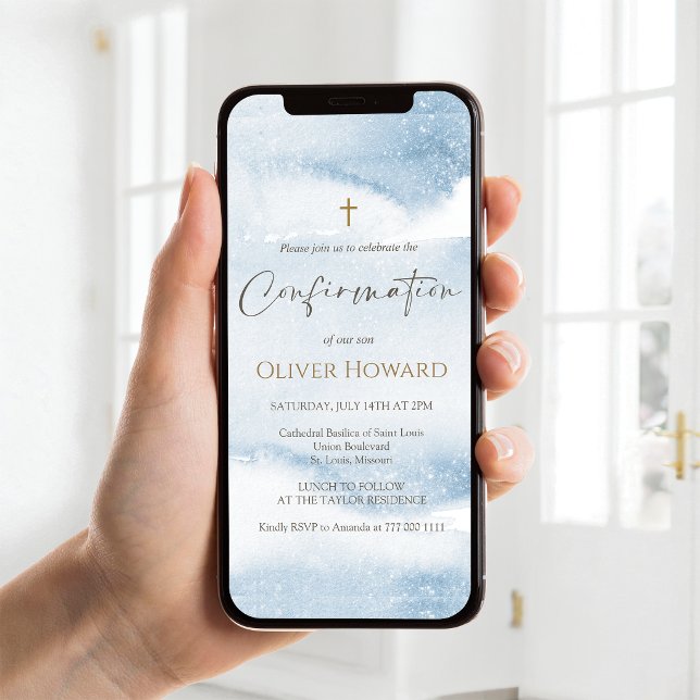 Dusty Blue Watercolor Boy Confirmation Invite (Dusty Blue Watercolor Boy Confirmation Invite)