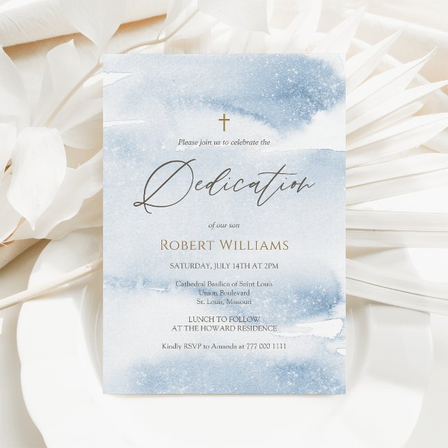 Dusty Blue Watercolor Boy Dedication Invitation (Dusty Blue Watercolor Boy Dedication Invitation)