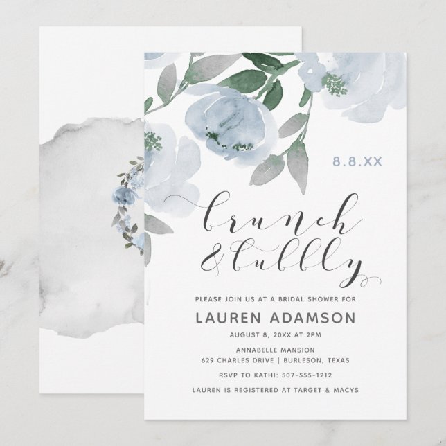 Dusty Blue Watercolor Bridal Brunch Bubbly Shower Invitation (Front/Back)
