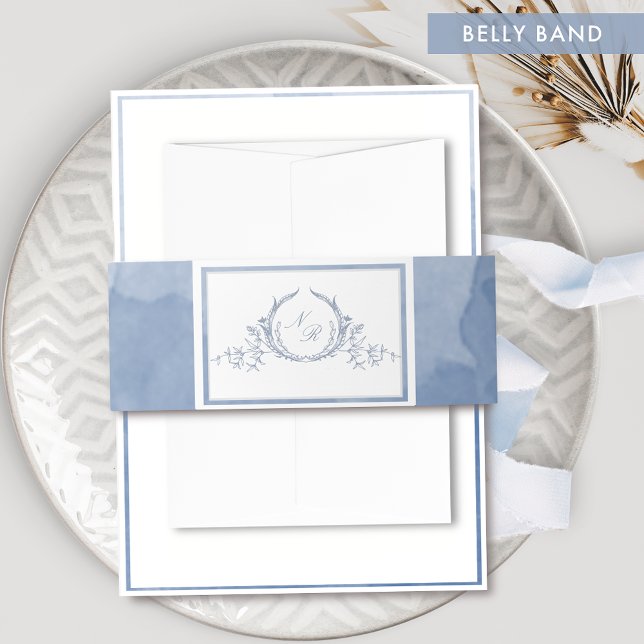 Dusty Blue Watercolor Calligraphy Monogram Wedding Invitation Belly Band (Creator Uploaded)