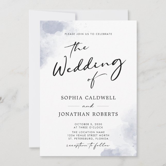 Dusty Blue Watercolor Calligraphy QR Code Wedding Invitation (Front)