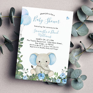 Dusty Blue Watercolor Cute Elephant Baby Shower Invitation