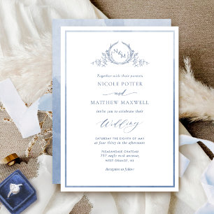 Dusty Blue, Watercolor Elegant Monogram Wedding Invitation