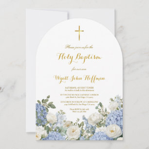 Dusty Blue Watercolor Floral Baptism Invitation