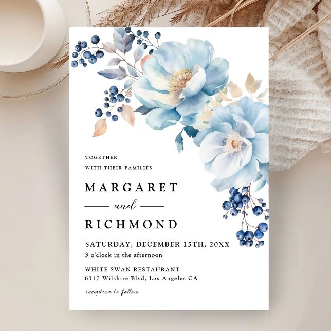 Dusty Blue Watercolor Floral Berry Winter Wedding  Invitation (Creator Uploaded)