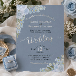 Dusty Blue Watercolor Floral Boho Wedding Silver