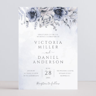 Dusty Blue Watercolor Floral Botanical Wedding Invitation