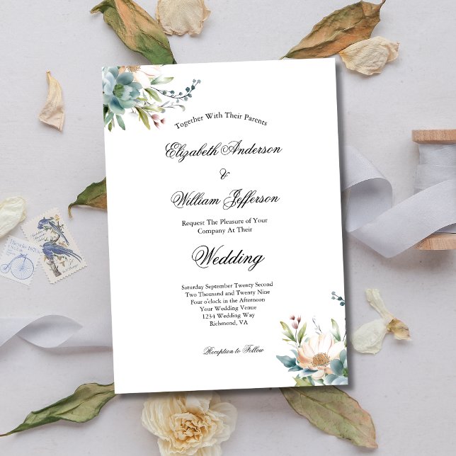 Dusty Blue Watercolor Floral Botanical Wedding Invitation (Dusty Blue Cream Watercolor Floral Elegant Wedding Invitation)