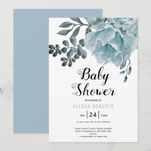 Dusty blue watercolor floral boy baby shower invitation (Front/Back)