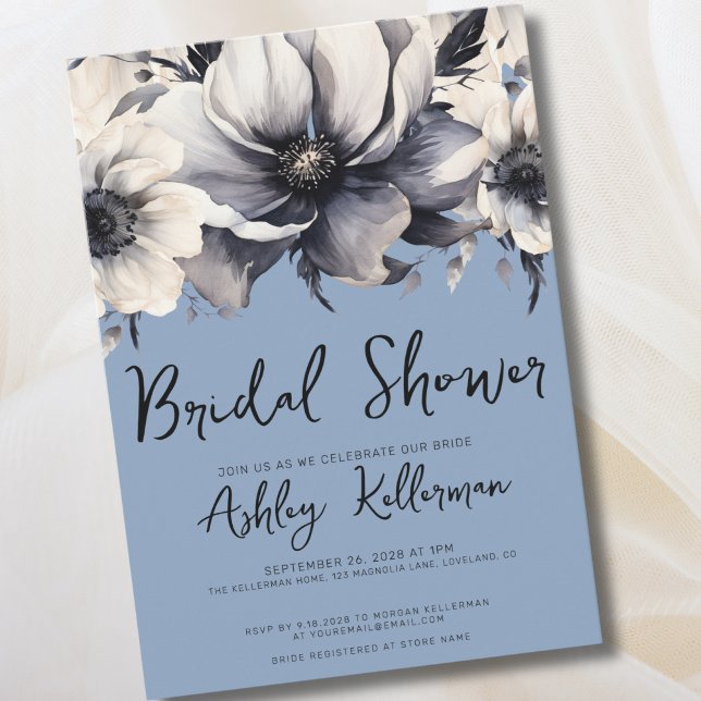 Dusty Blue Watercolor Floral Bridal Shower Invitation (Chic Elegant Floral Periwinkle Blue Bridal Shower Invitation)