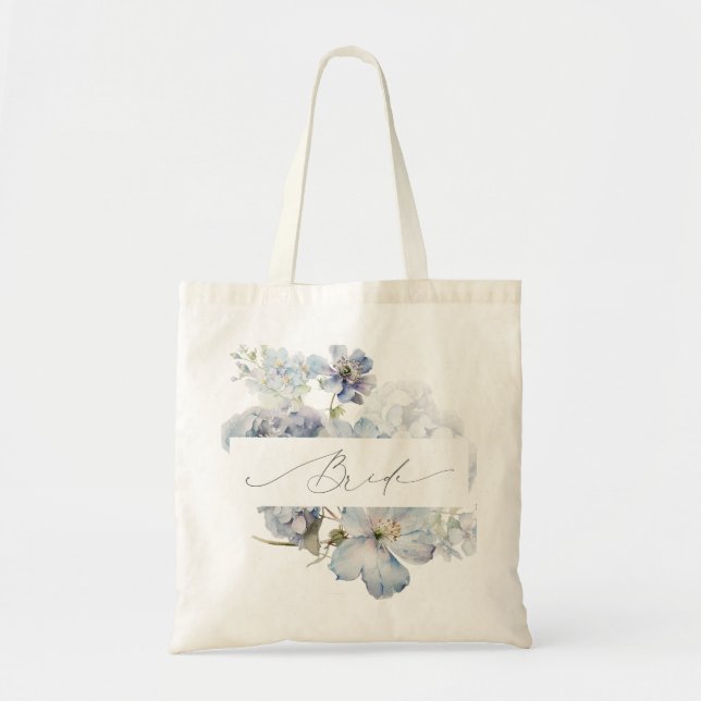 Dusty Blue Watercolor Floral Bridal Shower Tote Bag (Front)