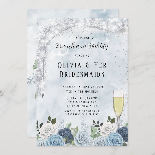 Dusty Blue Watercolor Floral Brunch and Bubbly Invitation (Front/Back)