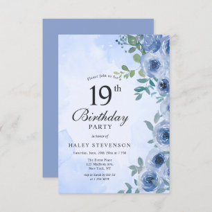 Dusty Blue Watercolor Floral Chic 19th Birthday Invitation