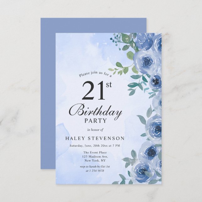 Dusty Blue Watercolor Floral Chic 21st Birthday Invitation (Front/Back)