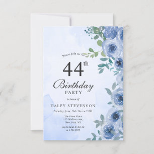 Dusty Blue Watercolor Floral Chic 44th Birthday In Invitation