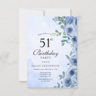Dusty Blue Watercolor Floral Chic 51st Birthday In Invitation
