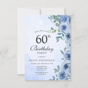 Dusty Blue Watercolor Floral Chic 60th Birthday In Invitation