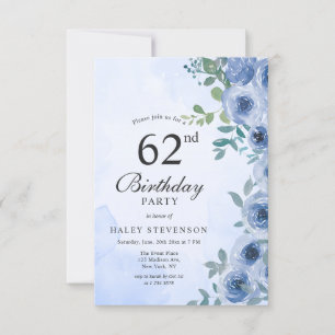 Dusty Blue Watercolor Floral Chic 62nd Birthday In Invitation