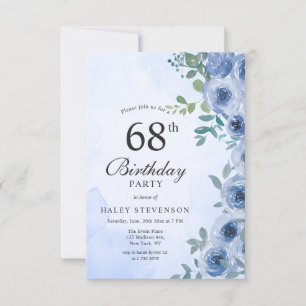 Dusty Blue Watercolor Floral Chic 68th Birthday In Invitation