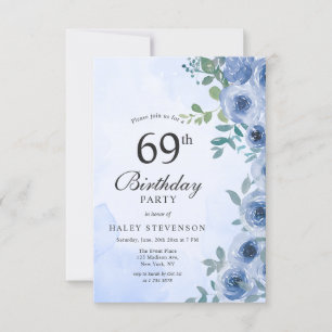 Dusty Blue Watercolor Floral Chic 69th Birthday In Invitation