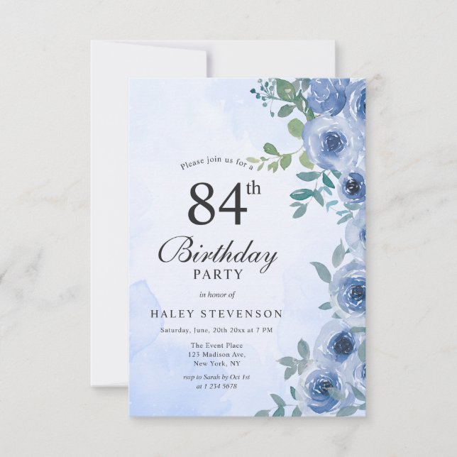 Dusty Blue Watercolor Floral Chic 84th Birthday Invitation (Front)