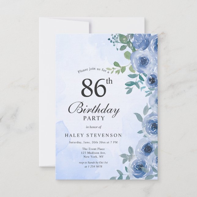 Dusty Blue Watercolor Floral Chic 86th Birthday Invitation (Front)