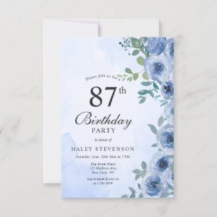 Dusty Blue Watercolor Floral Chic 87th Birthday Invitation