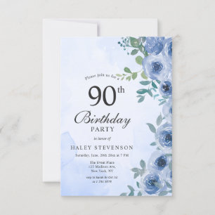 Dusty Blue Watercolor Floral Chic 90th Birthday Invitation