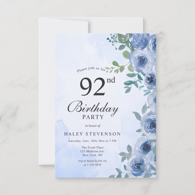 Dusty Blue Watercolor Floral Chic 92nd Birthday Invitation (Front)