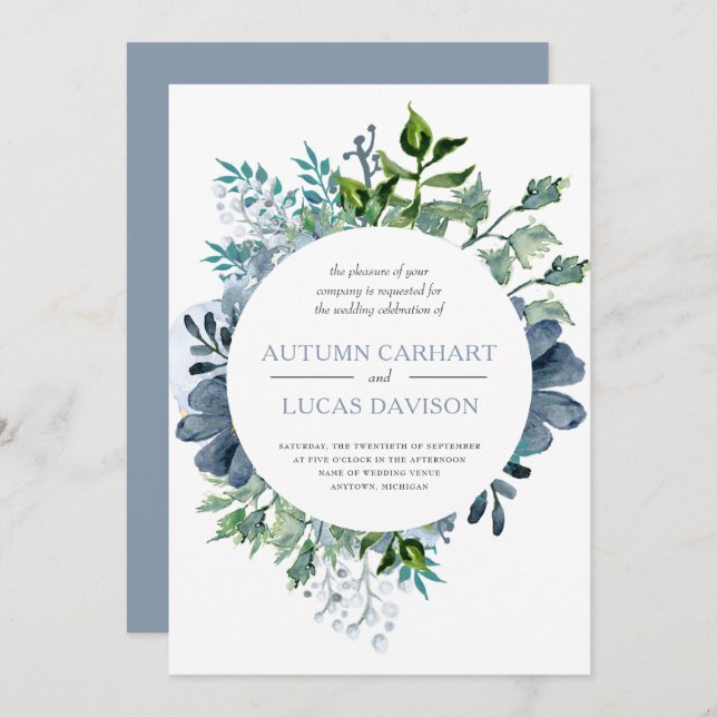 Dusty Blue Watercolor Floral Circle Wedding Invitation (Front/Back)