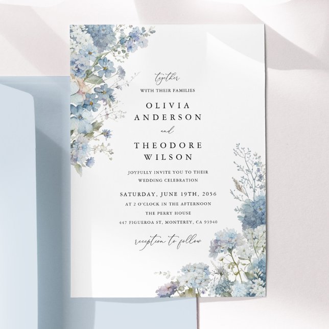 Dusty Blue Watercolor Floral Elegant Wedding Invitation (Dusty blue watercolor floral wedding invitation, hydrangea blooms, romantic garden style stationery)