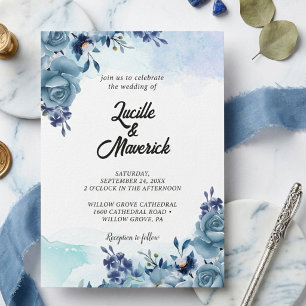 Dusty Blue Watercolor Floral Elegant Wedding Invitation