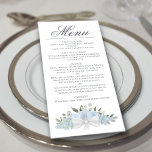 Dusty Blue Watercolor Floral Elegant Wedding Menu<br><div class="desc">This beautiful wedding menu features a rustic boho chic design with a script calligraphy title and a cluster of hand painted watercolor roses, blossoms, and greenery in shades of dusty blue and sage green. The text is completely customisable with space for the couple's name & wedding date on the back....</div>