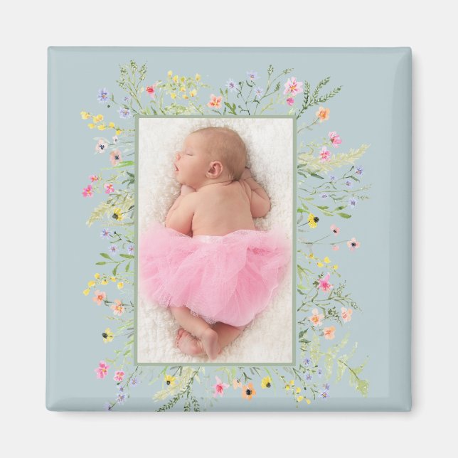 Dusty Blue Watercolor Floral Frame Photo  Magnet (Front)