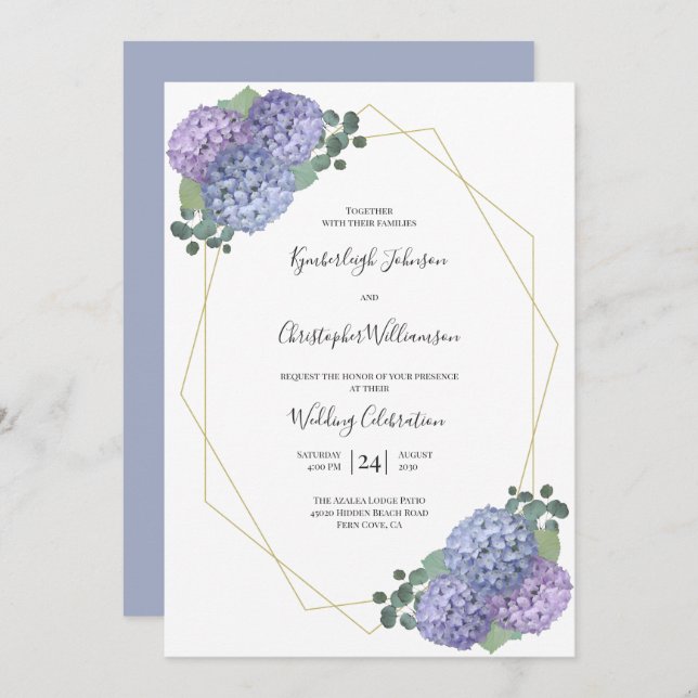Dusty Blue Watercolor Floral Geometric Wedding Invitation (Front/Back)