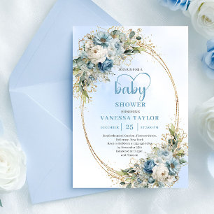 Dusty Blue Watercolor Floral Gold Baby Shower Card