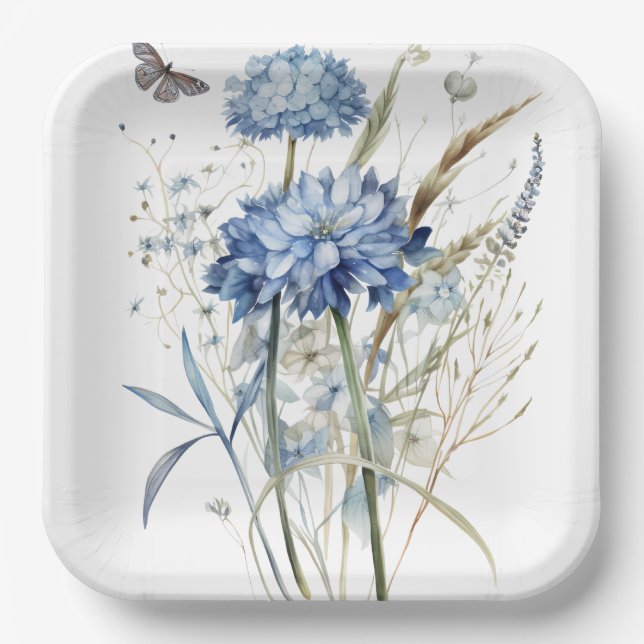 Dusty Blue Watercolor Floral  Paper Plate (Front)