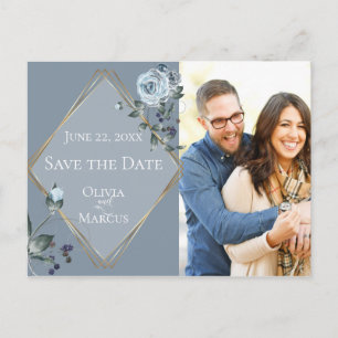 Dusty Blue Watercolor Floral Photo Save the Date Postcard