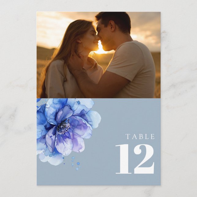 Dusty Blue Watercolor Floral Photo Table Number (Front)