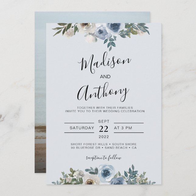 Dusty Blue Watercolor Floral Photo Wedding Invitation (Front/Back)