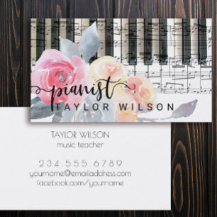 dusty blue watercolor floral pianist script business card