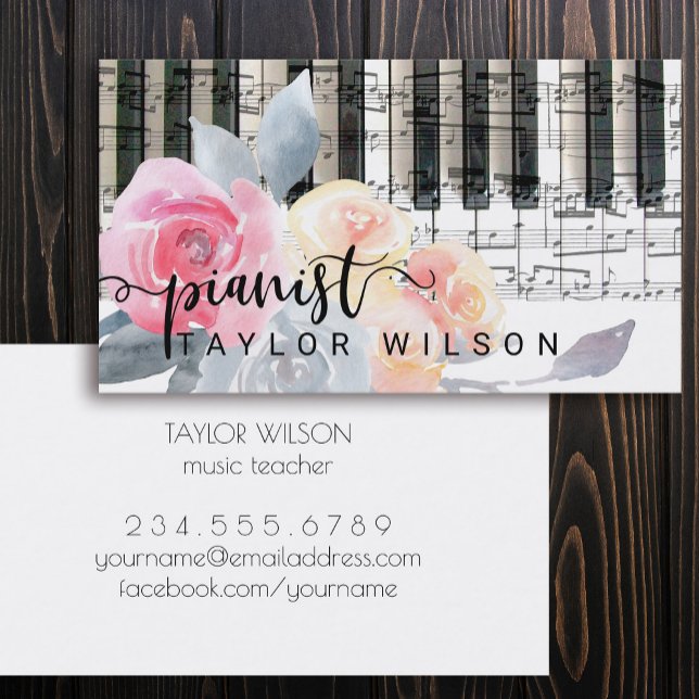 dusty blue watercolor floral pianist script business card (Creator Uploaded)