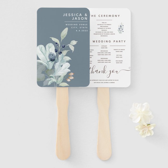Dusty Blue Watercolor Floral Program Fans (Front and Back)