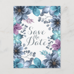 Dusty Blue Watercolor Floral Save the Date Postcard
