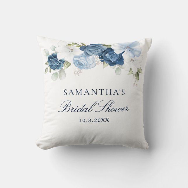 Dusty Blue Watercolor Floral Script Bridal Shower Cushion (Front)