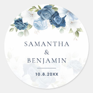 Dusty Blue Watercolor Floral Script Wedding Custom Classic Round Sticker